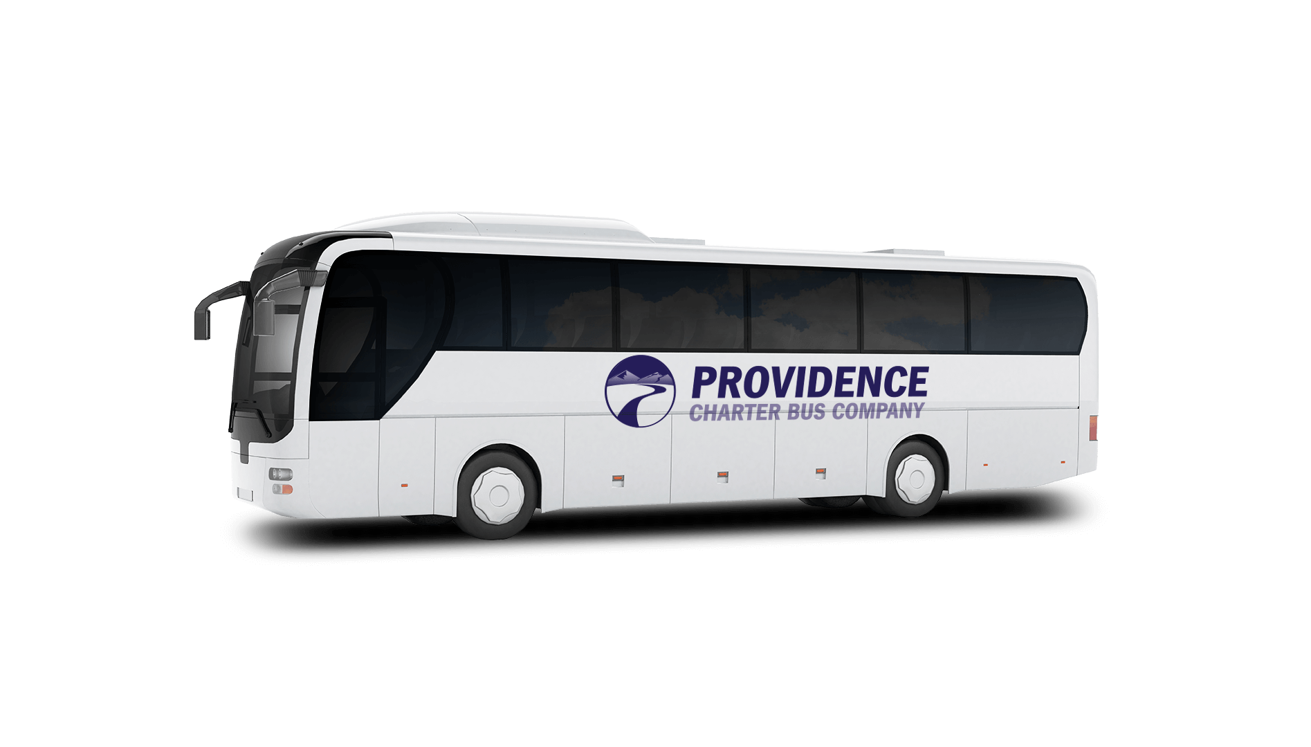 a plain white charter bus with a "Providence Charter Bus Company" logo